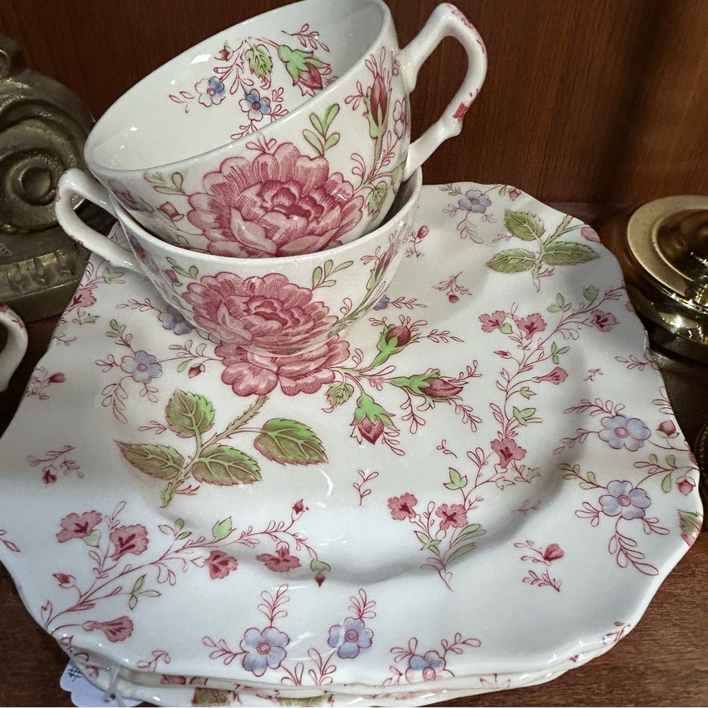 RARE VTG Johnson Brothers Rose Chintz Snack Sets